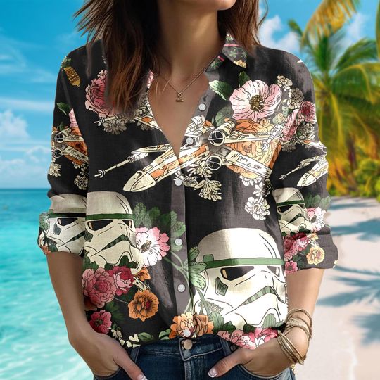 Floral Star Wars Women Casual Shirt, Stormtrooper Shirt, Cartoon Women Blouses Shirt, Star Wars Shirt, Galaxy's Edge Family Party Gift