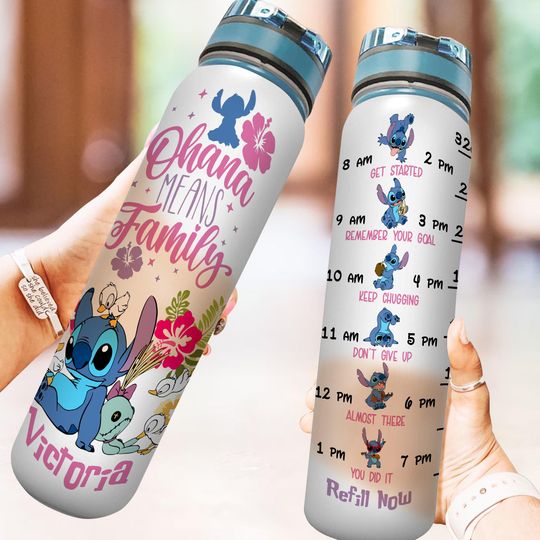 Discover Custom Disney Stitch Water Tracker Bottle, Ohana Means Family Motivational Bottle, Stitch Water Bottle, Cartoon Character Gym Bottle
