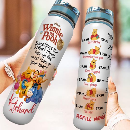 Custom Winnie the Pooh Water Tracker Bottle, Cute Pooh and Tiger Drink Water Tracker, Cartoon 30oz Water Bottle, Magic Kingdom Gym Bottle