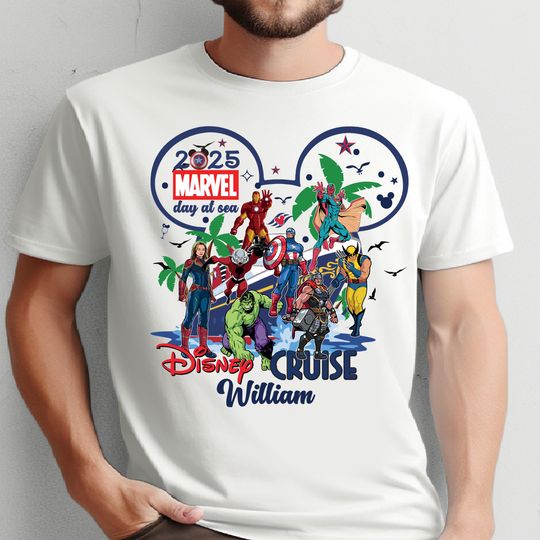 Personalized Disney Cruise Line Marvel Day At Sea 2025 T-shirt, Custom Name Thor Iron Man Hulk Cruise Trip Tee, Disney Family Vacation Gift