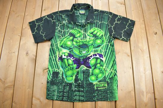 Vintage 2002 The Incredible Hulk All Over Print Button Up T-Shirt Marvel Superhero All Over Print / Y2K Style / Marvel Comics