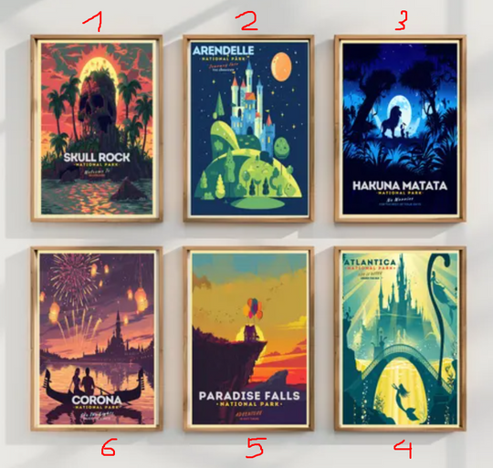 Disney Inspired National Park Poster  | Arendelle, Skull Rock, Hakuna Matata, Corona & Paradise Falls Art Prints