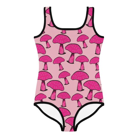 Mushroom Swimsuit for Girls - Pink Fungi Swimwear Toddler Sizes 2t-7 - Boho Retro Bathing Suit - Trendy Mushroom Swimming Suit