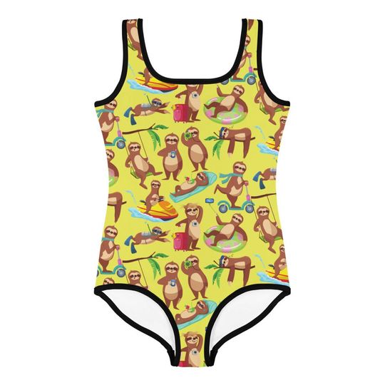 Silly Sloth Kids Swimsuit - Toddler Girls Swimwear - Funny Sloth Gift - Sloth Birthday Party Swimming Suit - Swim Party
