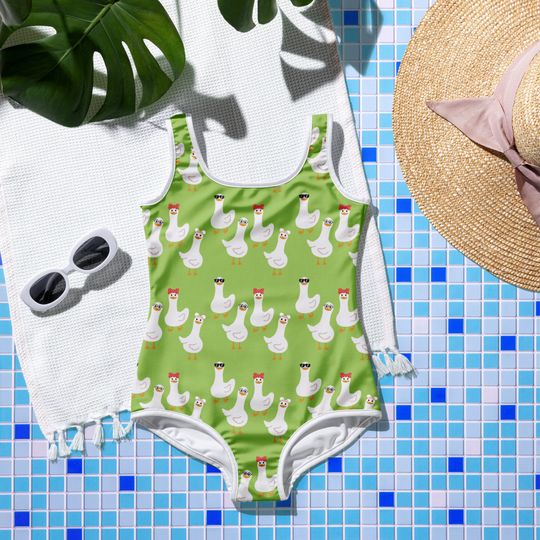 Goose Youth Swimsuit - Silly Goose Green Swimming Suit - Full Coverage Cute Geese Bathing Suit
