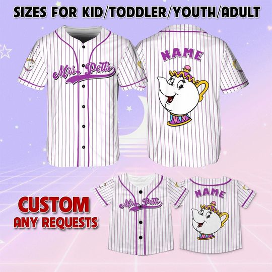 Beauty And The Beast Mrs. Potts Baseball Jersey, Mrs. Potts Matching Family Jersey, Beauty And The Beast Character Jersey