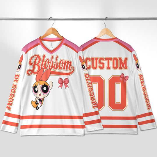 Personalized The Powerpuff Girls Blossom Hockey Jersey, Custom Disney Blossom Hockey Jersey, Disney Hockey Fan Lover Gift