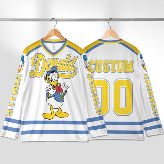 Discover Personalized Donald Duck Hockey Jersey, Custom Disney Donald Duck Hockey Jersey, Donald Duck Hockey Fan Lover Gift, Hockey Team Outfit