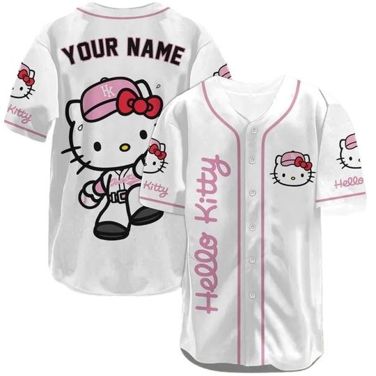 Custom Hello Kitty Baseball Jersey, Cute Cat Jersey Shirt, Kitty Baseball Shirt, Kitten Lover Gift, My Melody Shirt, Kitty Cat Shirt
