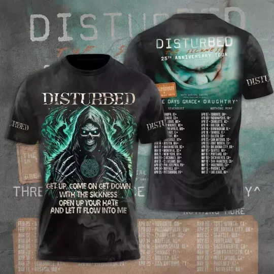Discover Disturbed 2025 Tour Date 3D Printed T-Shirt