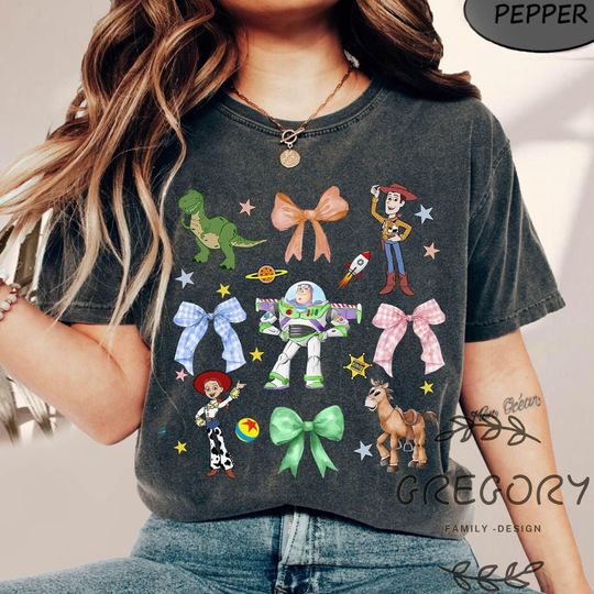 Coquette Bows Toy Story Comfort Colors Shirt, Girly Aesthetic Disney Womens Shirt, Woody Buzz Lightyear Jessie Disney Bows Matching tee