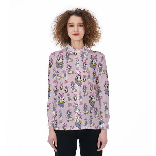 Daisy Duck Linen Shirt, Disney Cartoon Casual Shirt, Magic Kingdom Shirt, Disneyworld Long Sleeve Shirt, Gift For Her, Women Blouses