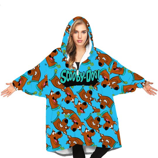 Scooby-Doo! Mens Wearable Blanket Hoodie | Adults Hooded Pullover in Blue Character All Over Graphic Print | One Size Sherpa Lined Loungewear | Animated Cartoon Series Merchandise Gift