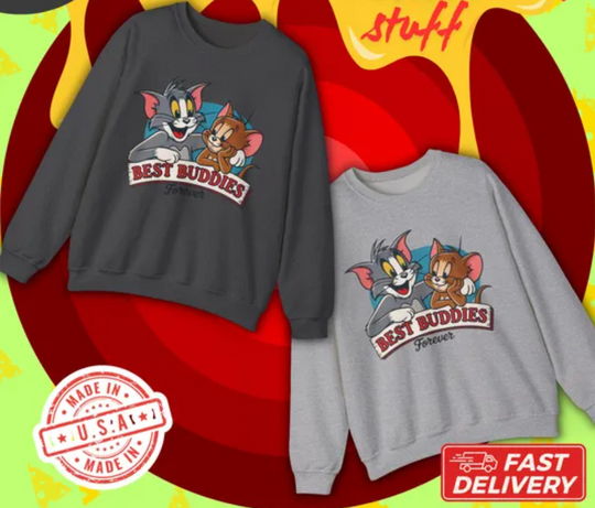 Tom and Jerry Best Buddies Sweatshirt, Vintage-Style Tom and Jerry Sweatshirt, Tom and Jerry, Gift Idea for Fans, Classic Cartoon Sweatshirt