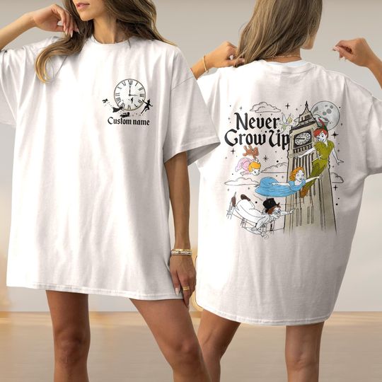 Peter Pan Never Grow Up Two-Sided Shirt, Tinker Bell Wendy Flight To Neverland Family Trip Shirt, Neverland Peter Pan Wendy Birthday Gift