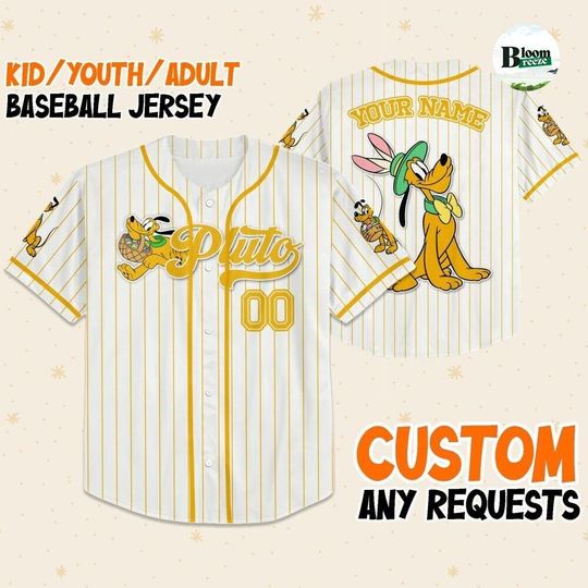 Personalized Disney Pluto Baseball Jersey, Custom Disney Dog Shirt for Kids Youth Adults, Cute Pluto Birthday Outfit or Family Trip Tee