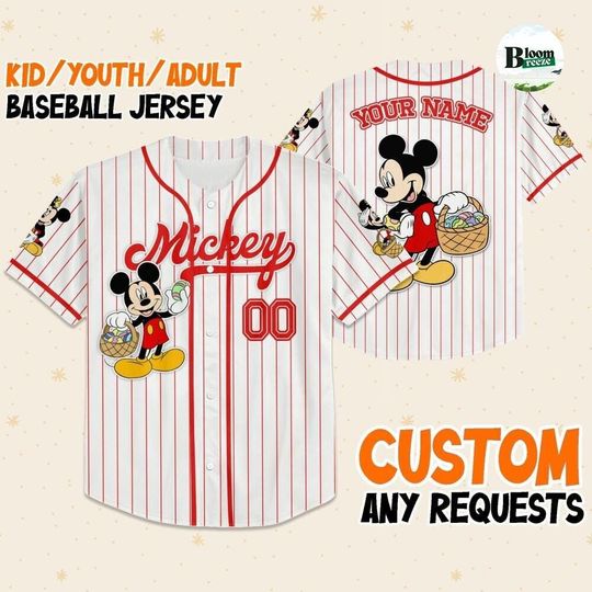 Personalized Bunny Easter Disney Mickey Baseball Jersey, Custom Disney Easter Shirt for Kids Youth Adult, Bunny Egg Hunt Mickey Jersey Gift