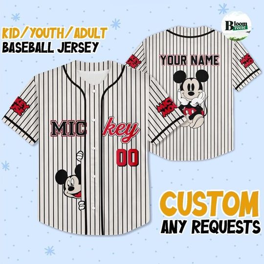 Discover Personalize Disney Vintage Mickey Striped Jersey, Custom Mickey Mouse Baseball Jersey, Disney Family Matching Outfit, Mickey Fan Gift