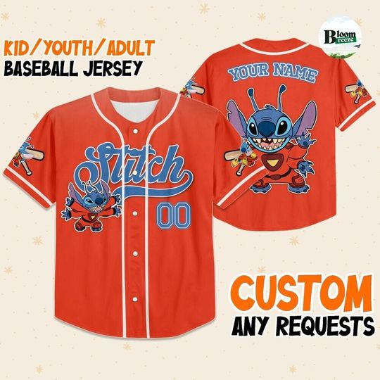 Discover Personalize Disney Stitch Space Orange Baseball, Custom Stitch Baseball Shirt, Stitch Fan Shirt, Disney Stitch Jersey