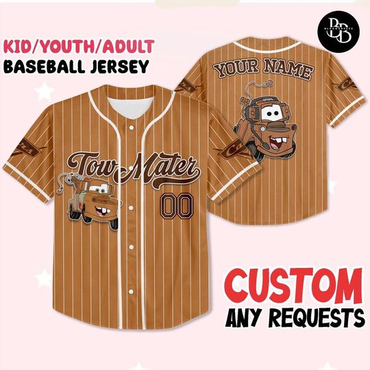 Discover Personalized Disney Cars Tow Mater Baseball Jersey, Custom Lightning McQueen Shirt, Cars Movie Fan Gear for Kids & Adults