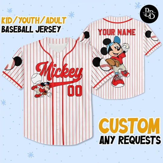 Personalized Cartoon Mouse Baseball Jersey, Custom Red Baseball Shirt, Cute Cartoon Fan Jersey, Birthday Gift for Kids & Adults