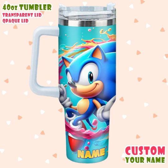 Sonic The Hedgehog Custom Name 40Oz Tumbler With Handle, Custom Sonic Movie Tumbler, Printed 40oz Tumbler Handle, Sonic Fans Gift