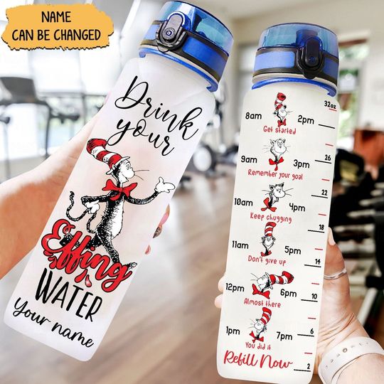 Discover Cat Hat Water Bottle Tracker, Personalized Cat Hat Bottle, Cat Teacher Bottle, Read Across America, Gift For Teacher