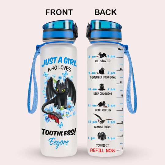 Personalized Toothless 32oz Water Tracker Bottle, Toothless Dragon Fitness Bottle, Disney Water Bottle With Time Marker, Cartoon Gifts