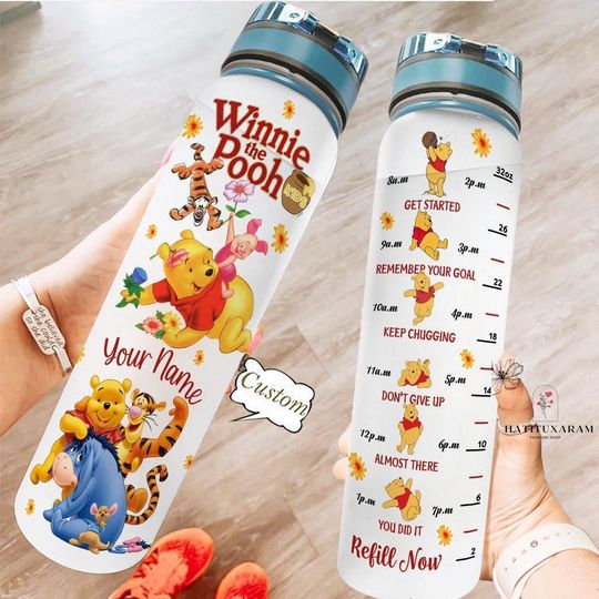 Winnie The Pooh Water Tracker Bottle, Personalized Pooh Water Bottle, Eeyore Workout Bottle, Daily Water Tracker, 32Oz Water Bottle