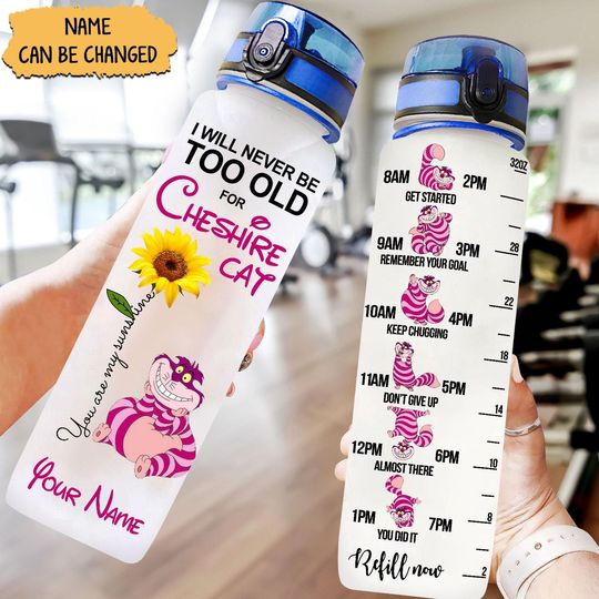 Discover Christmas Cheshire Cat Water Tracker Bottle, Personalized Bottle, Alice In Wonderland Bottle, Tea Party Gift, Women Disney Bottle 32oz