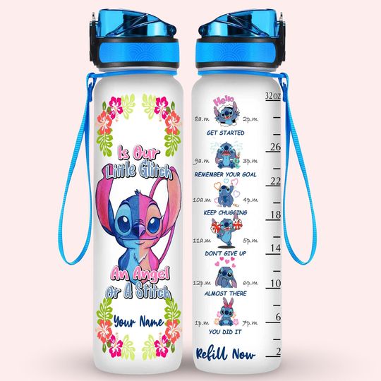 Stitch And Angel Water Tracker Bottle, Stitch Water Bottle, Custom Gifts For Him Her, Disneyland Bottle, Stitch Lilo Cartoon Bottle