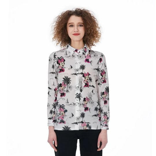 Lovely Minnie Mouse Linen Shirt, Minnie Casual Long Sleeve, Pink Mouse