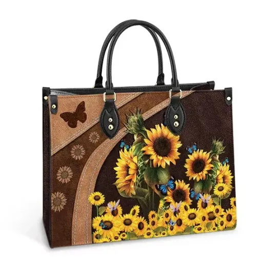 Discover Butterfly Sunflowers Leather Handbag, Women Leather Bag Gift