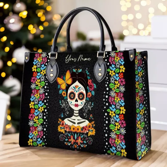 Discover Personalized Sugar Skull Floral Leather Handbag, Skull Flowers Leather Handbag
