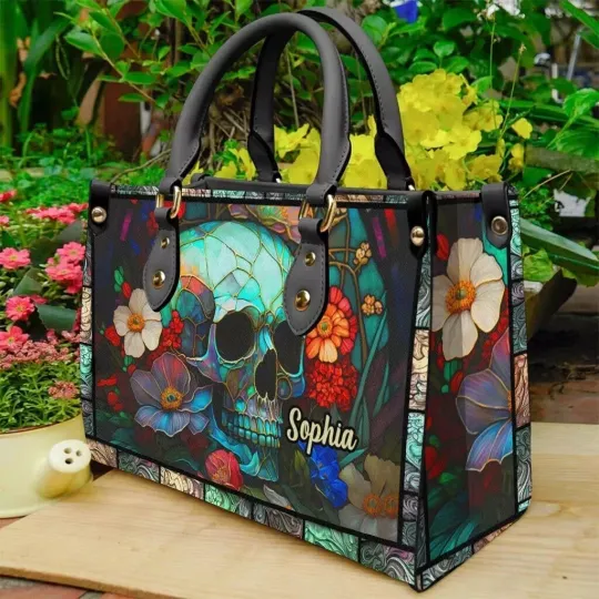 Discover Personalize Funny Flower Skull Leather Handbag, Unique Skull Leather Handbag