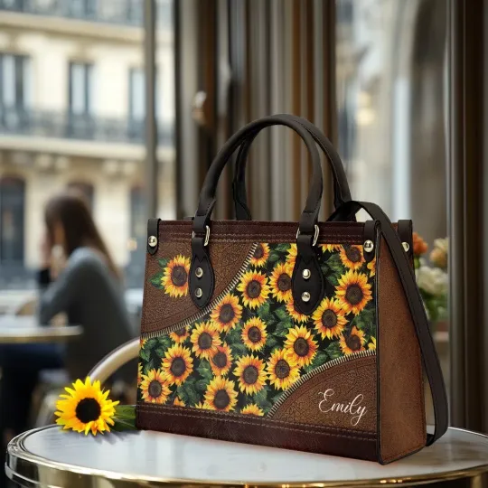 Discover Personalized Sunflowers Garden Leather Handbag, Love Sunflowers Leather Handbag