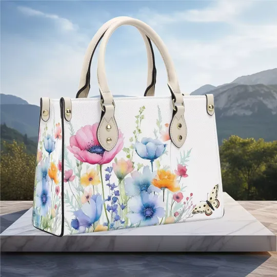 Women Leather Handbag tote beautiful spring floral pink, blue handbag