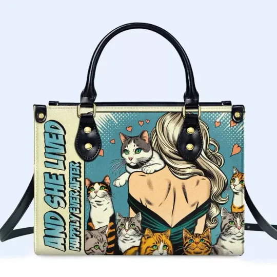 Happily Ever After Leather Handbag, Cat Lovers Women Leather Bag