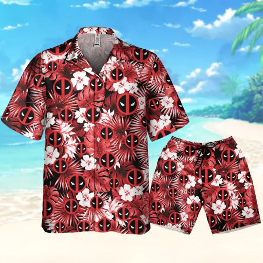Deadpool Symbol Summer Floral Vacation, Deadpool Superhero Button Up Hawaiian Shirt