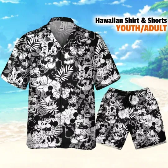 Disney Mickey And Minnie Mouse Tropical Summer Black, Disney Hawaiian Shirt