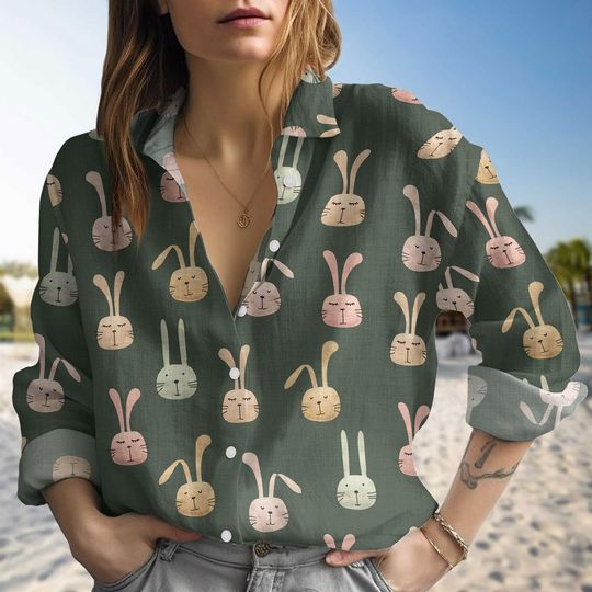 Rabbit Easter Day Linen Shirt, Bunny Happy Easter Summer Shirt For Her, Rabbit Easter Shirt For Women, Pastel Easter Shirt For Men