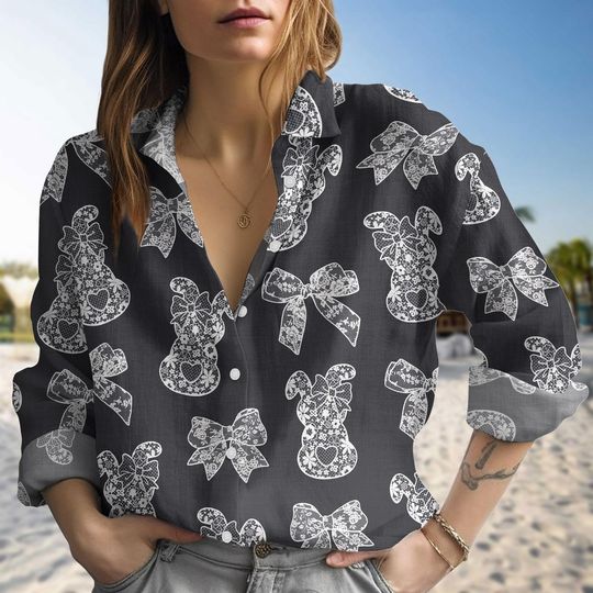 Rabbit Easter Day Linen Shirt, Rabbit Easter Shirt For Women, Bunny Happy Easter Summer Shirt For Her, Pastel Easter Hawaii Shirt