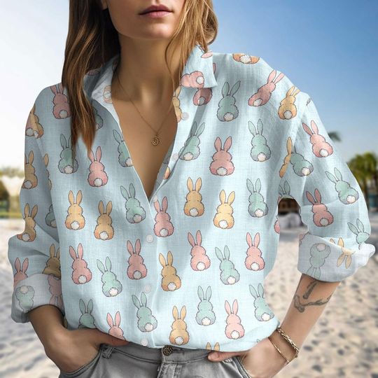 Rabbit Easter Day Linen Shirt, Bunny Happy Easter Summer Shirt For Her, Rabbit Easter Shirt For Women, Pastel Easter Hawaii Shirt