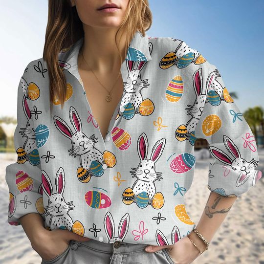 Rabbit Eggs Easter Day Linen Shirt, Rabbit Easter Shirt For Women, Bunny Happy Easter Summer Shirt For Her, Pastel Easter Hawaii Shirt