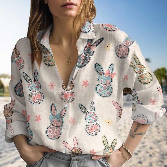 Rabbit Easter Day Linen Shirt, Bunny Happy Easter Summer Shirt For Her, Rabbit Easter Shirt For Women, Happy Easter Hawaii Shirt