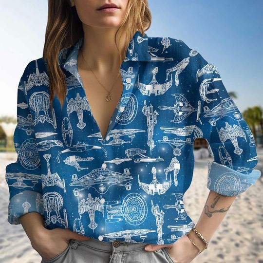 Star Wars Linen Shirt Women, Spaceships Hawaiian Linen Shirt, Epic Space Battle Women Blouses, Edge Aloha Shirt, Battle Star Ships Shir