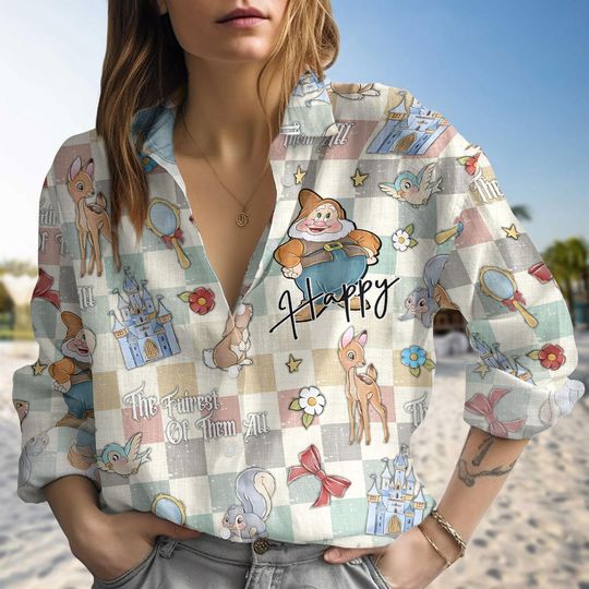 Disney Happy Dwarf Linen Shirt, Disney Princess Shirt Women, Snow White And Seven Dwarfs Shirt, Magic Kingdom Outfit, Disneyland Trip