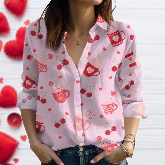 Valentine Coffee Linen Shirt, Cherry Shirt Men, Cherry Button Shirt, Linen Shirt Women Plus Size, Valentine Gift For Him Meaningful
