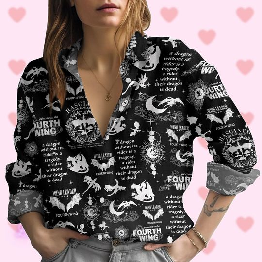 Fourth Wing Dragon Blouses Tops Women, Tairn And Andarna Tshirt, Basgiath War College Linen Button Down Shirt, Bookish Gift For Readers