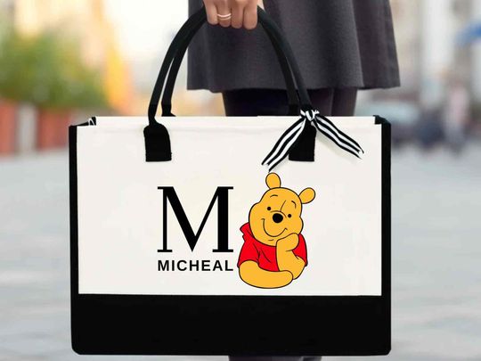 Custom Monogram Winnie The Pooh Bag, Personalized Name Disney Tote, Cute Winnie Pooh Bear Bag, Birthday Gift Tote, Pooh Lover Gift Bag